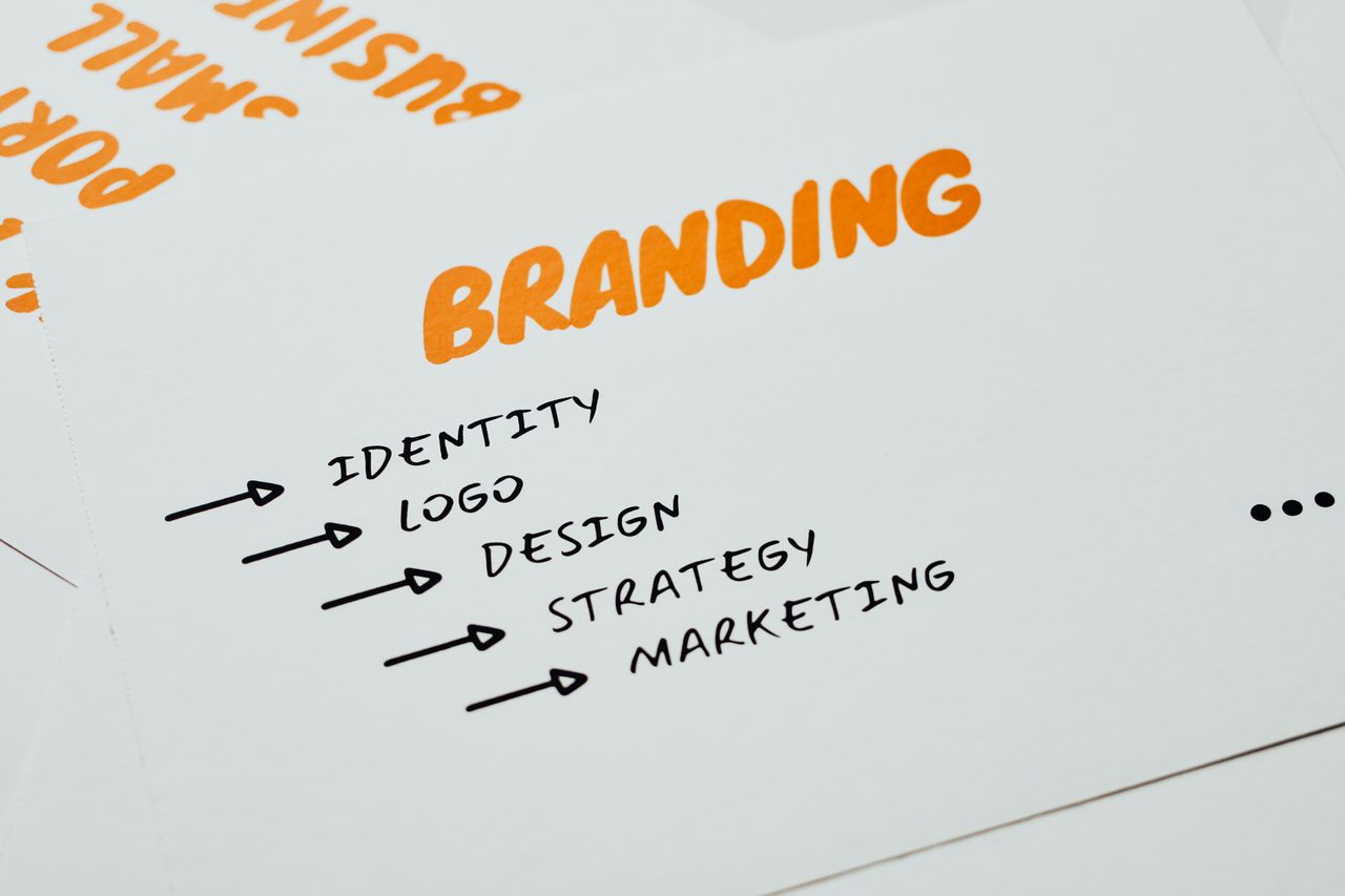 Vue rapprochée d'une feuille présentant des notions de branding, d'identité, de design, de stratégie et de marketing en orange et noir.